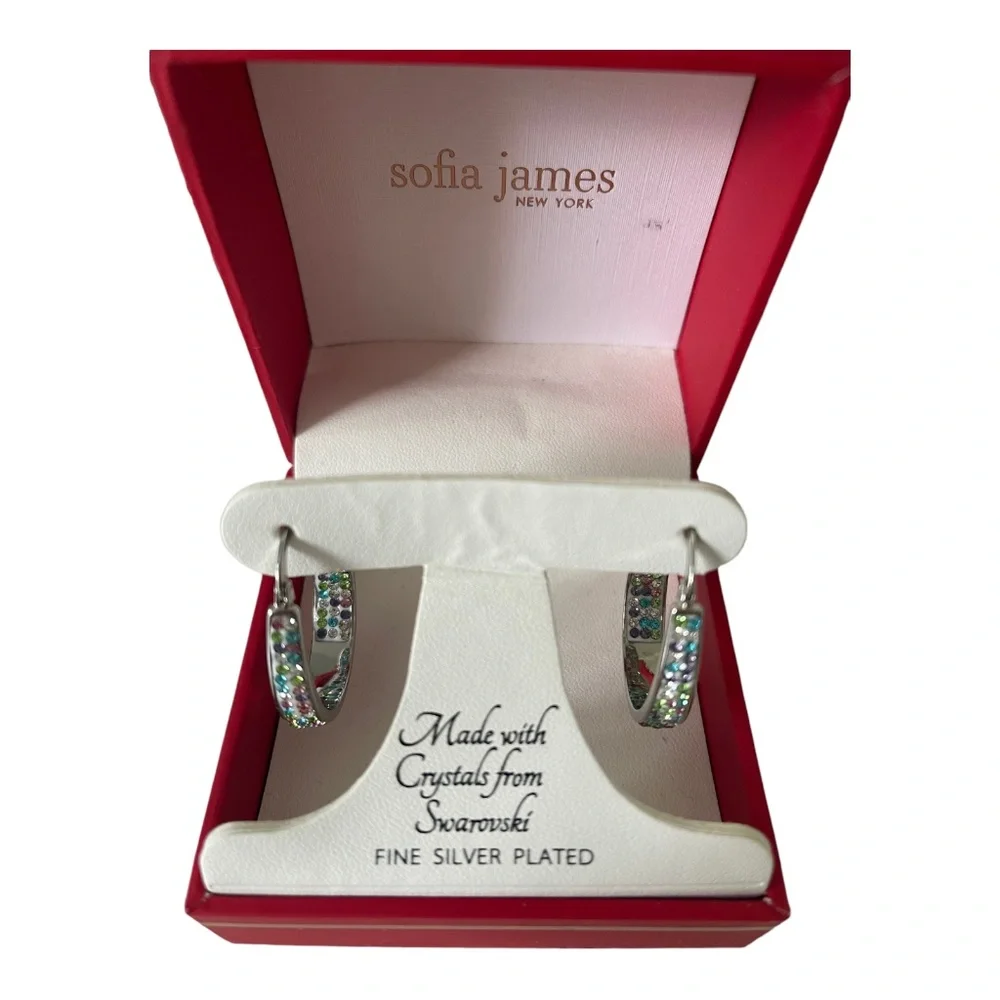 Swarovski Fine Silver Hoop Earrings Silver Plated Sofia James New York Brand New - Picture 7 of 7